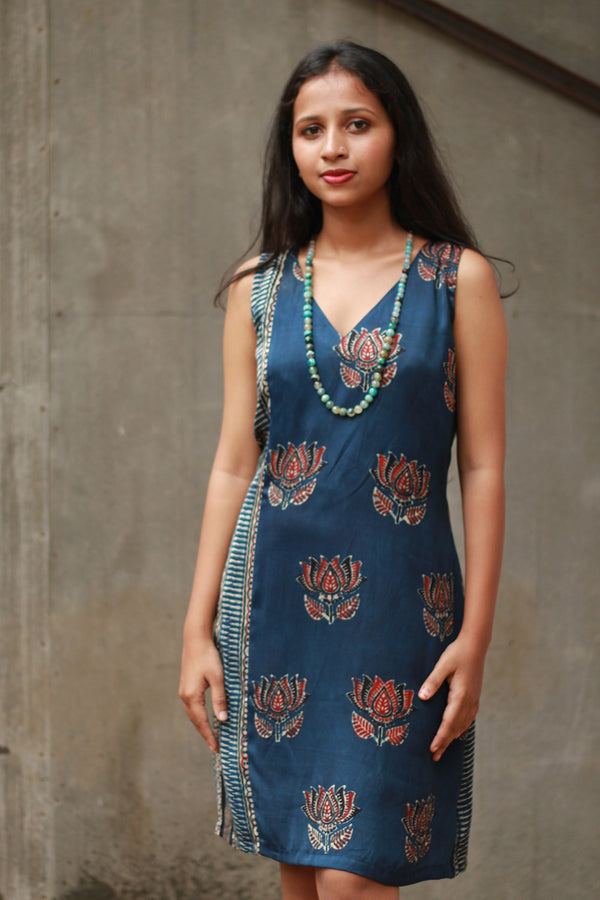 Noor | Sleeveless Modal Dress | Navy Lotus with Stripes Ajrakh