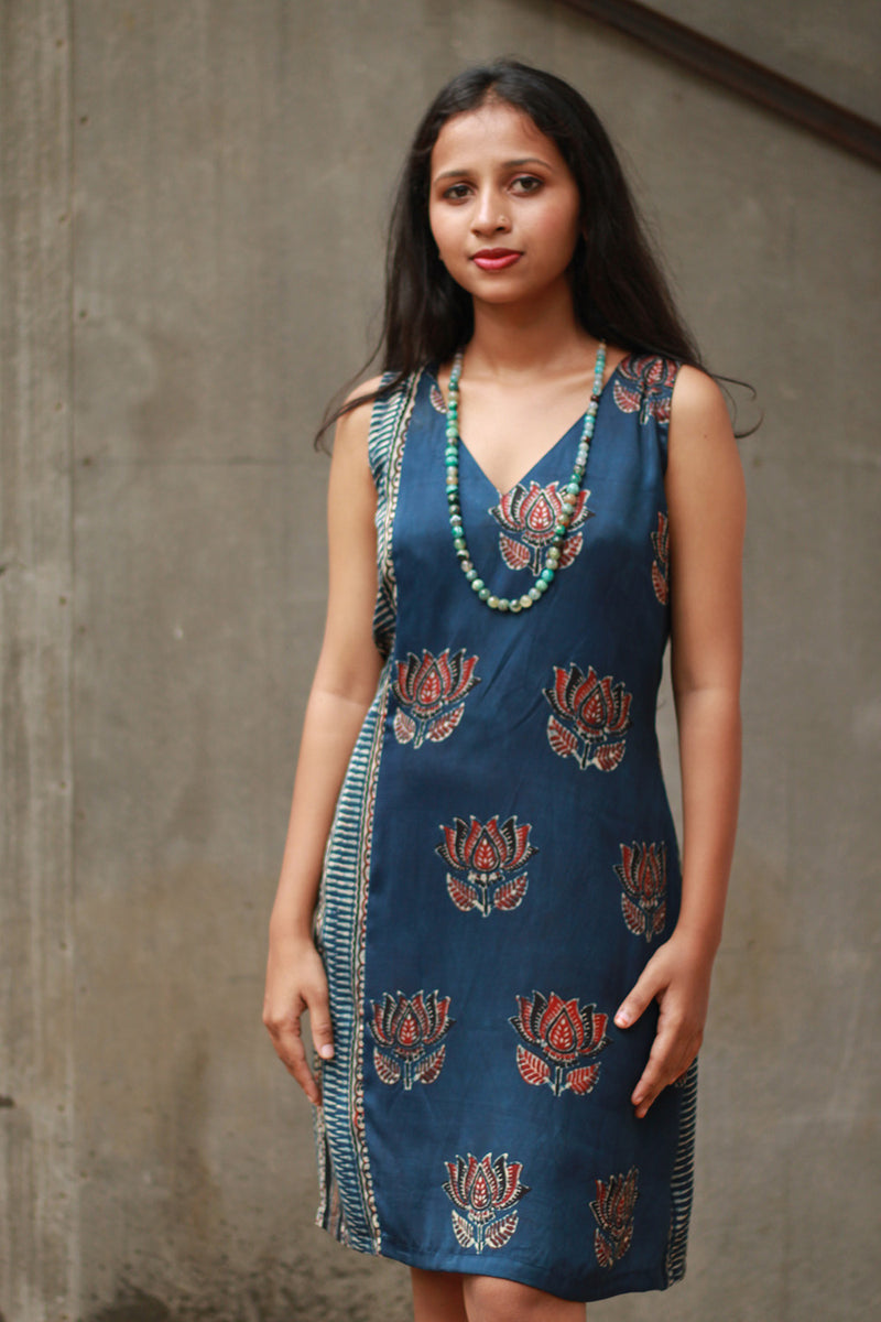 Noor | Sleeveless Modal Dress | Navy Lotus with Stripes Ajrakh