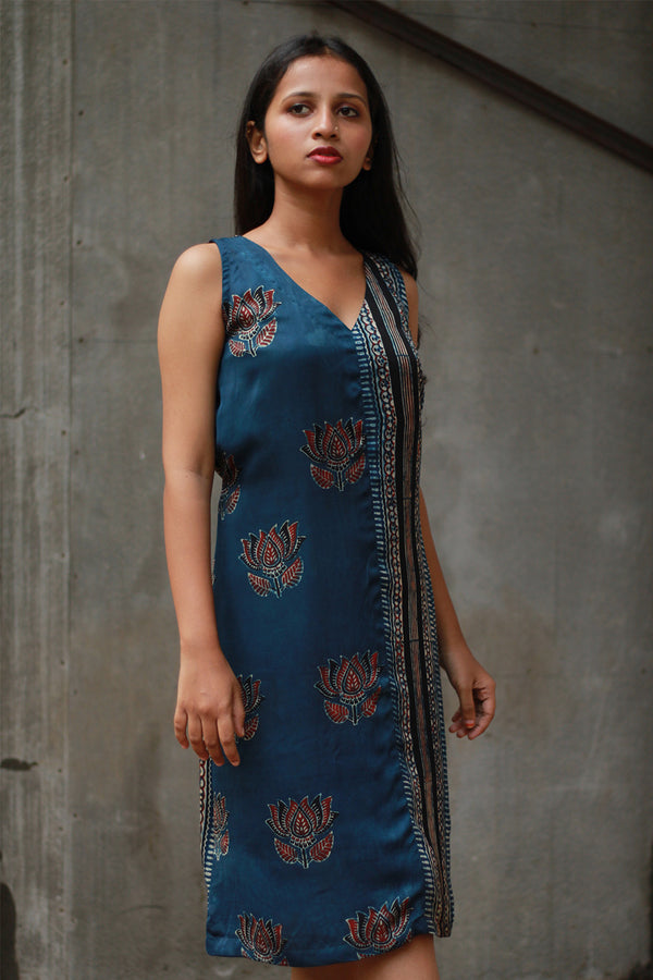 Noor | Sleeveless Modal Dress | Navy Lotus with Stripes Ajrakh