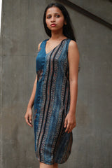 Noor | Sleeveless Modal Dress | Navy Lotus with Stripes Ajrakh