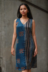 Noor | Sleeveless Modal Dress | Navy Lotus with Stripes Ajrakh