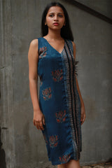 Noor | Sleeveless Modal Dress | Navy Lotus with Stripes Ajrakh