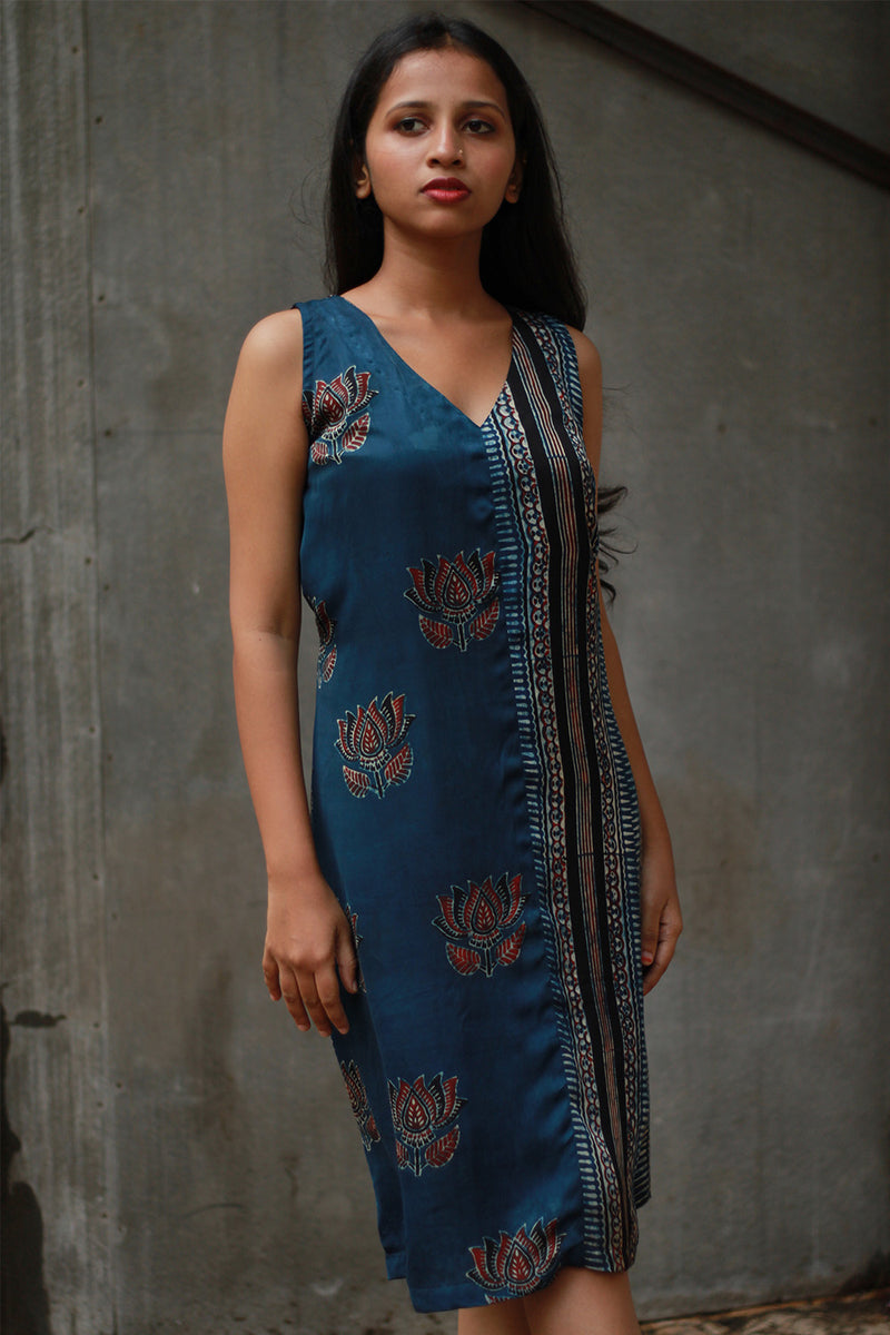 Noor | Sleeveless Modal Dress | Navy Lotus with Stripes Ajrakh