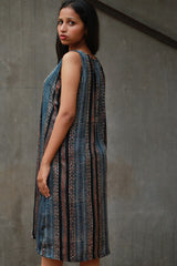 Noor | Sleeveless Modal Dress | Navy Lotus with Stripes Ajrakh