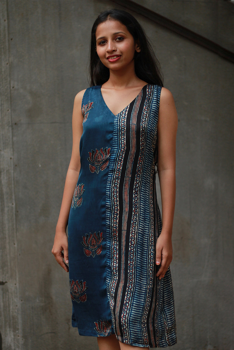 Noor | Sleeveless Modal Dress | Navy Lotus with Stripes Ajrakh
