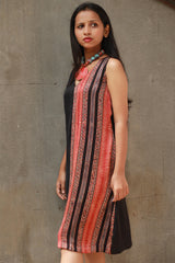Noor | Sleeveless Modal Dress | Noir with Madder Stripes Ajrakh