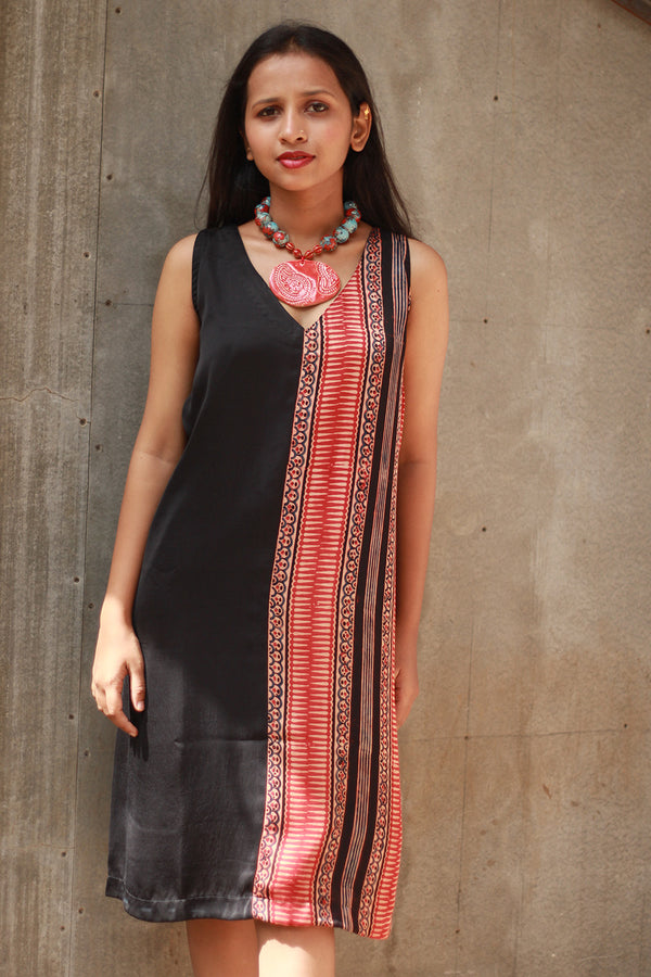 Noor | Sleeveless Modal Dress | Noir with Madder Stripes Ajrakh