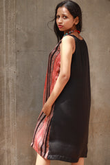 Noor | Sleeveless Modal Dress | Noir with Madder Stripes Ajrakh