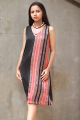 Noor | Sleeveless Modal Dress | Noir with Madder Stripes Ajrakh