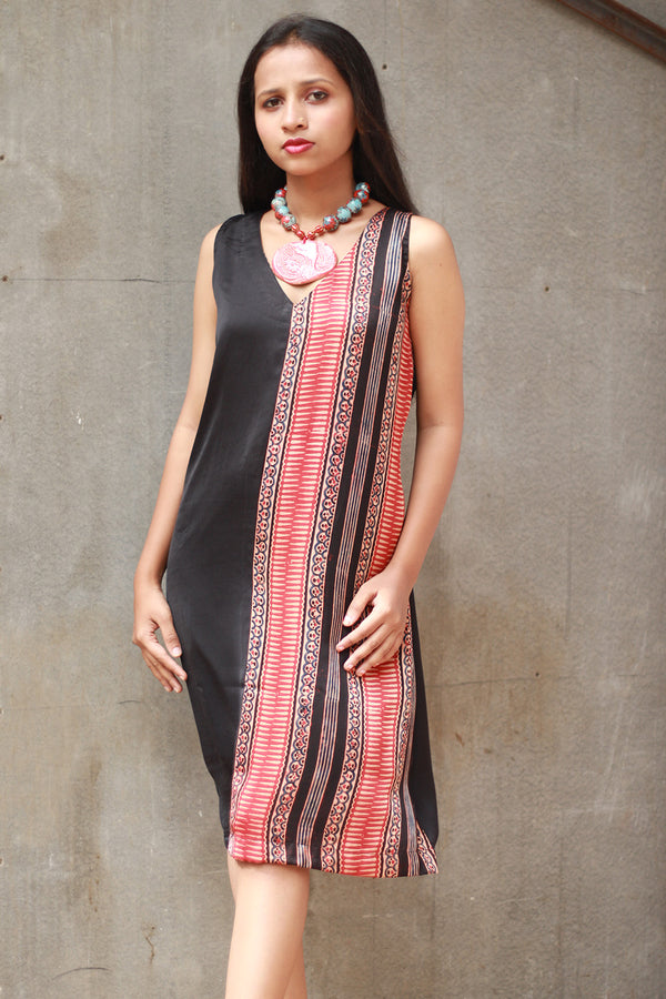 Noor | Sleeveless Modal Dress | Noir with Madder Stripes Ajrakh