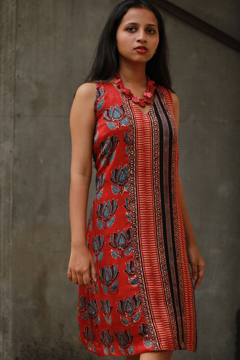 Noor | Sleeveless Modal Dress | Scarlet Lotus with Stripes Ajrakh