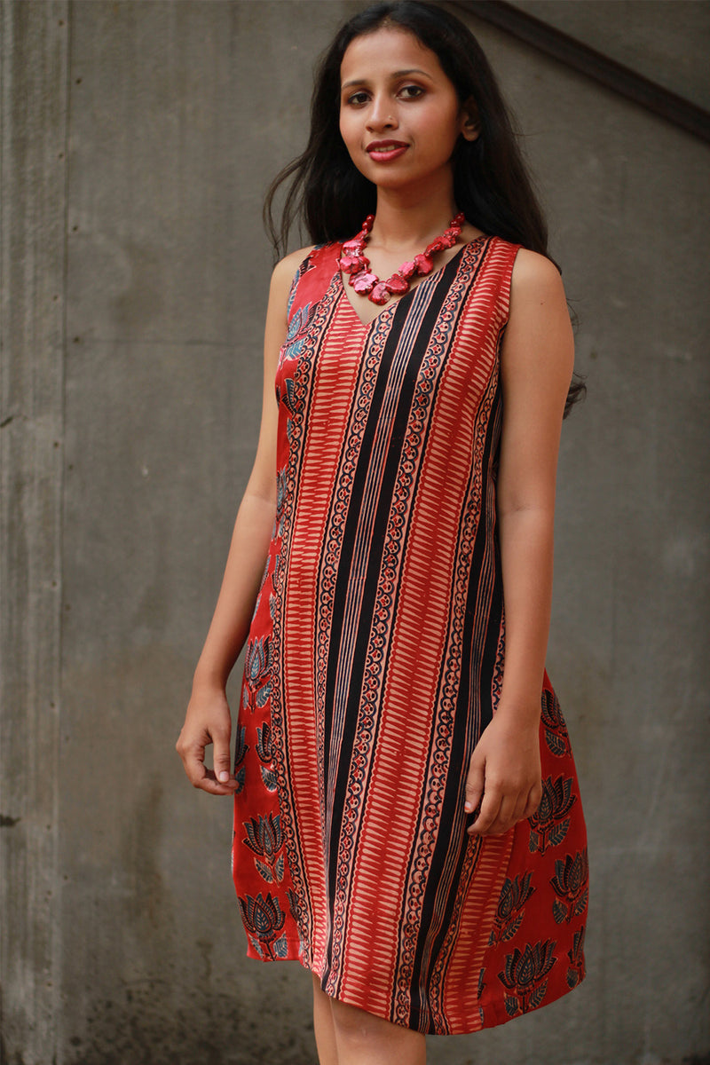 Noor | Sleeveless Modal Dress | Scarlet Lotus with Stripes Ajrakh