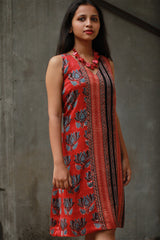 Noor | Sleeveless Modal Dress | Scarlet Lotus with Stripes Ajrakh