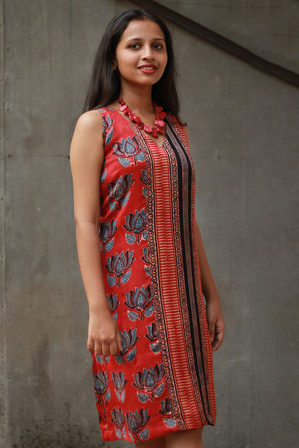Noor | Sleeveless Modal Dress | Scarlet Lotus with Stripes Ajrakh