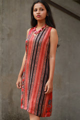 Noor | Sleeveless Modal Dress | Scarlet Lotus with Stripes Ajrakh
