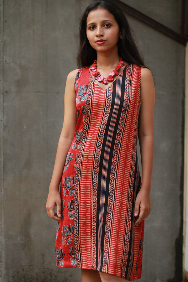 Noor | Sleeveless Modal Dress | Scarlet Lotus with Stripes Ajrakh