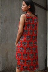 Noor | Sleeveless Modal Dress | Scarlet Lotus with Stripes Ajrakh