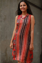 Noor | Sleeveless Modal Dress | Scarlet Lotus with Stripes Ajrakh