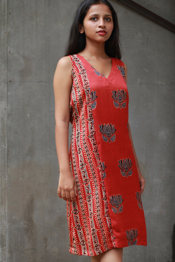 Noor | Sleeveless Modal Dress | Scarlet Lotus with Stripes Ajrakh