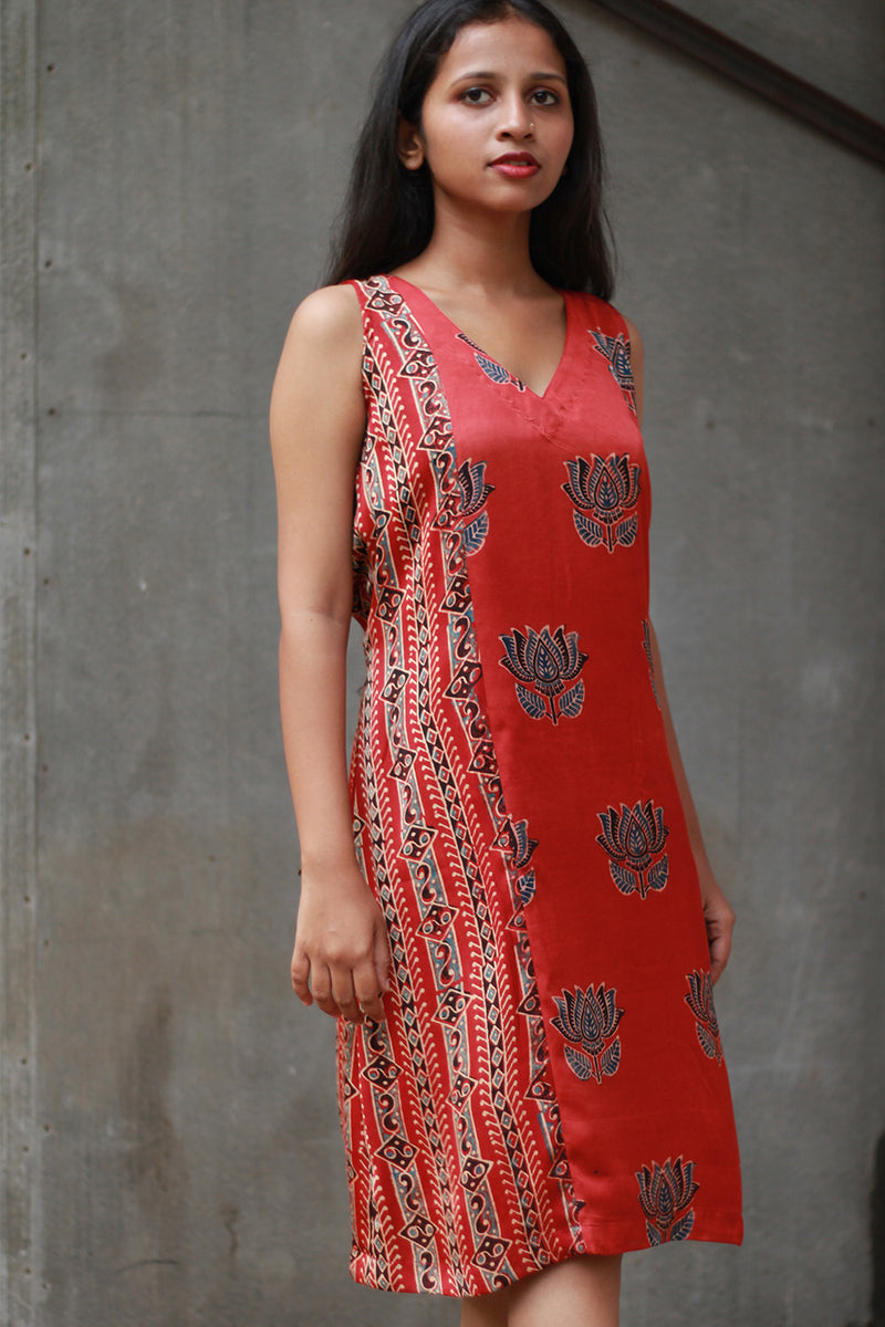 Noor | Sleeveless Modal Dress | Scarlet Lotus with Stripes Ajrakh