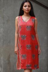 Noor | Sleeveless Modal Dress | Scarlet Lotus with Stripes Ajrakh