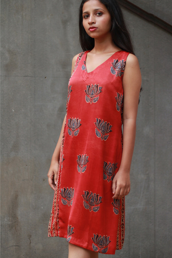 Noor | Sleeveless Modal Dress | Scarlet Lotus with Stripes Ajrakh