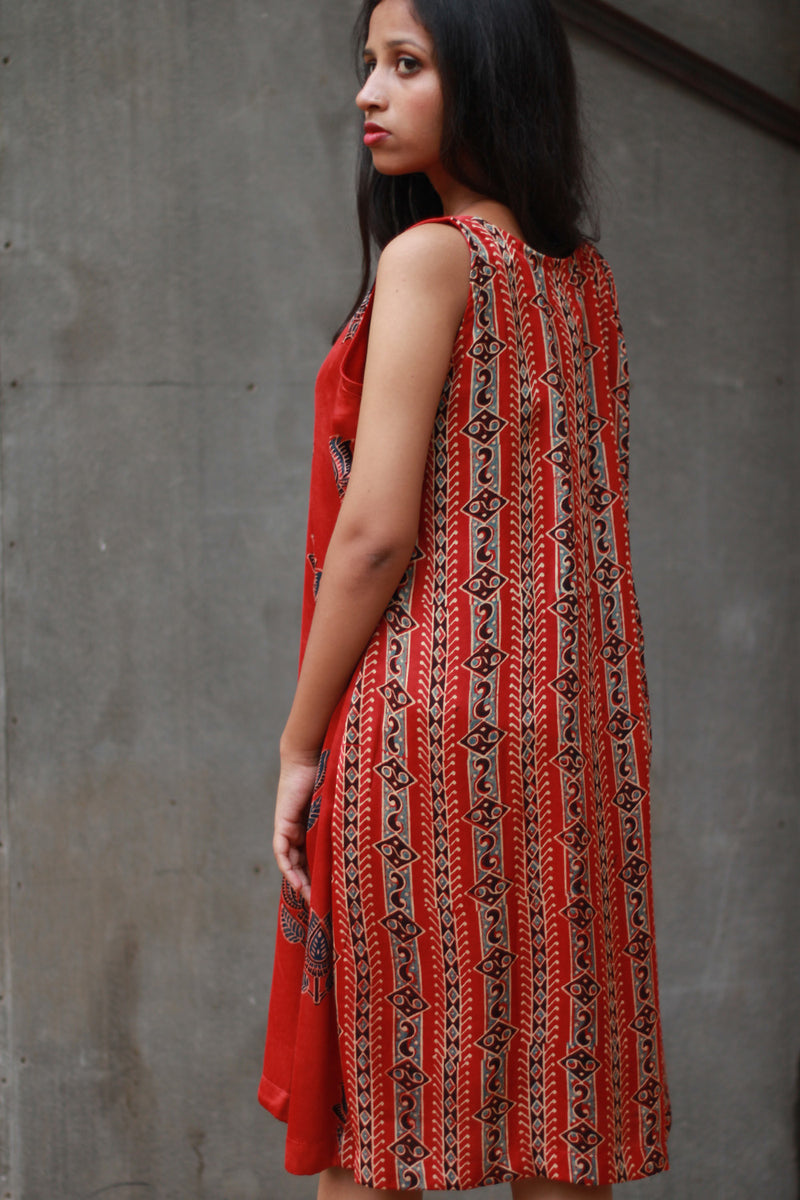 Noor | Sleeveless Modal Dress | Scarlet Lotus with Stripes Ajrakh