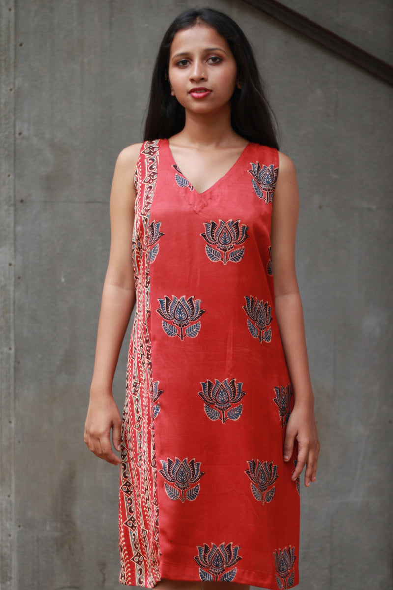 Noor | Sleeveless Modal Dress | Scarlet Lotus with Stripes Ajrakh