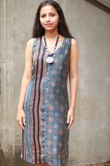 Noor | Sleeveless Modal Dress | Navy Universe with Stripes Ajrakh