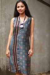 Noor | Sleeveless Modal Dress | Navy Universe with Stripes Ajrakh