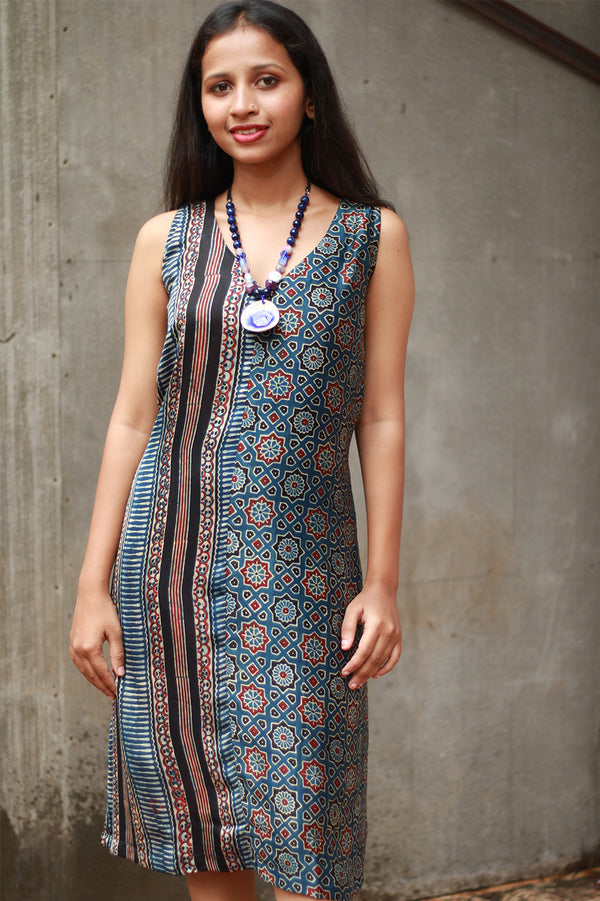 Noor | Sleeveless Modal Dress | Navy Universe with Stripes Ajrakh