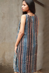 Noor | Sleeveless Modal Dress | Navy Universe with Stripes Ajrakh