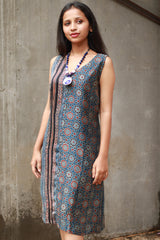 Noor | Sleeveless Modal Dress | Navy Universe with Stripes Ajrakh