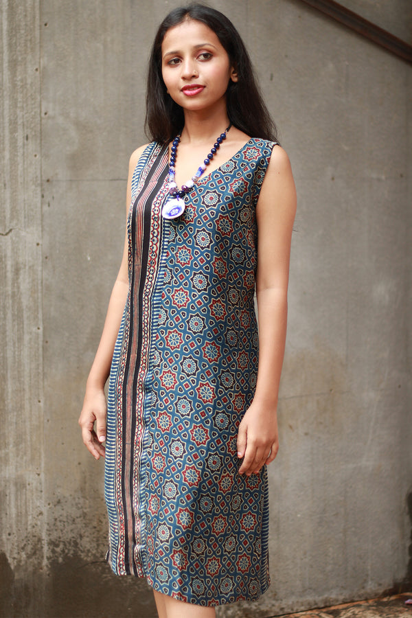 Noor | Sleeveless Modal Dress | Navy Universe with Stripes Ajrakh