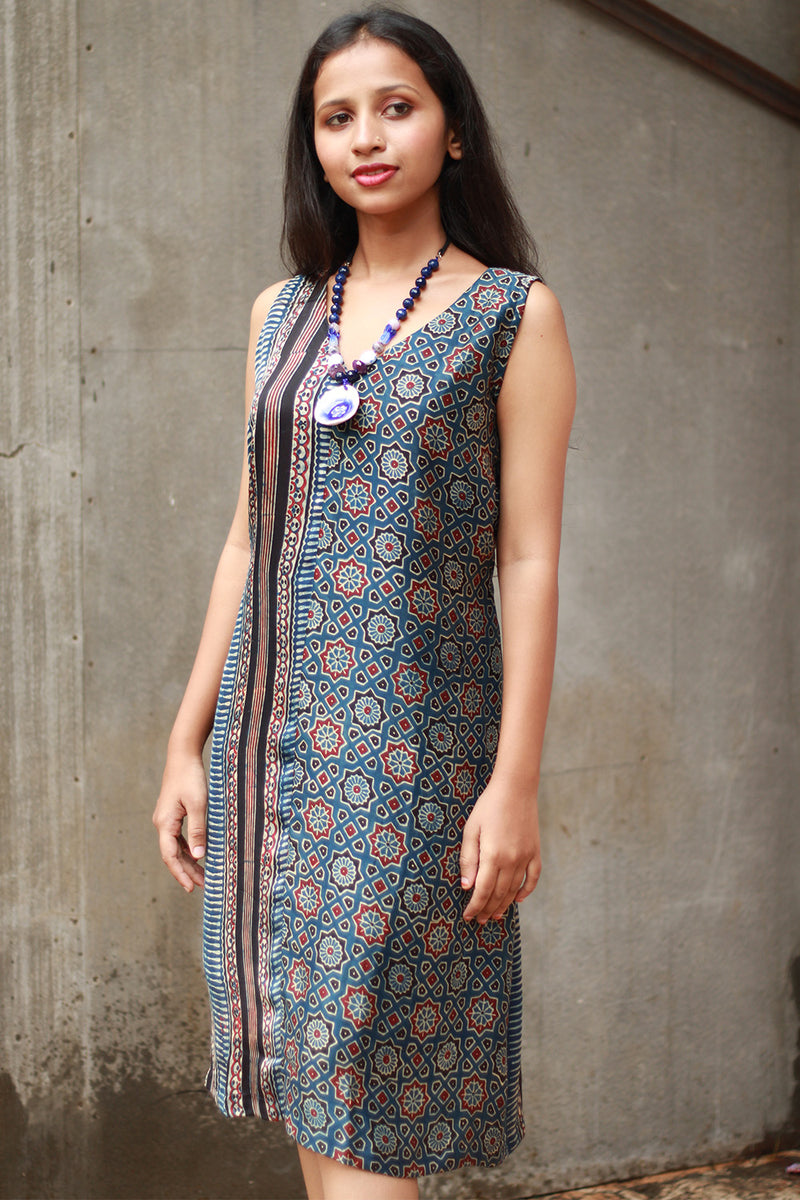 Noor | Sleeveless Modal Dress | Navy Universe with Stripes Ajrakh