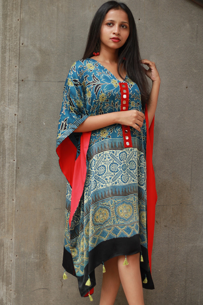 Banjara Sitaara | Modal Silk Kaftan | Sea Green Ajrakh