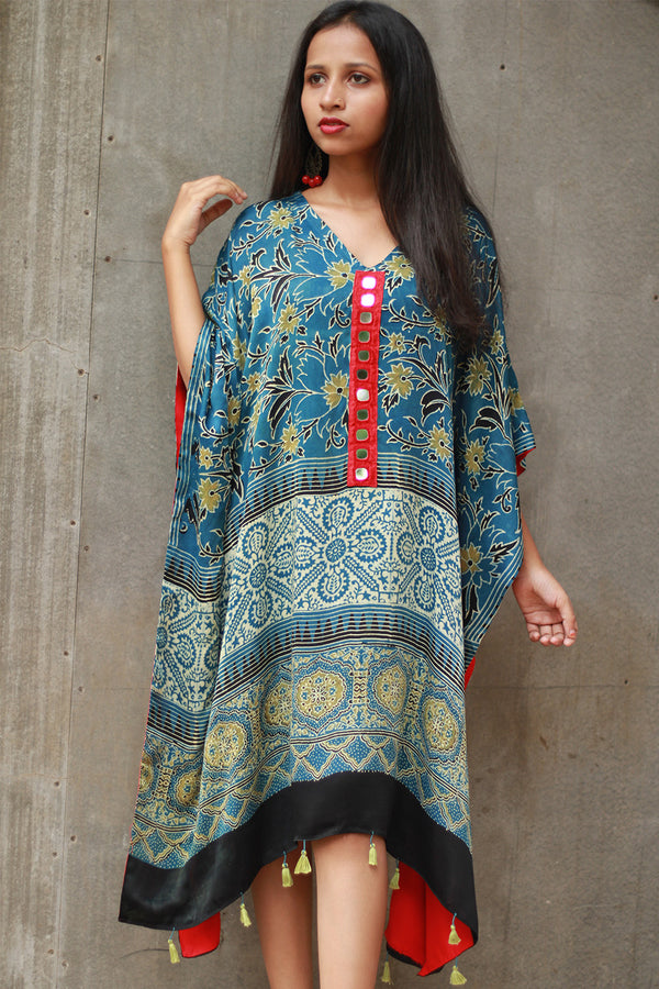 Banjara Sitaara | Modal Silk Kaftan | Sea Green Ajrakh