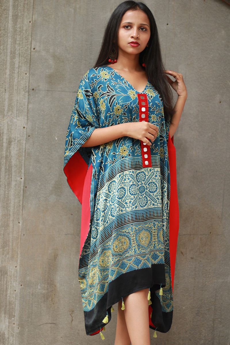Banjara Sitaara | Modal Silk Kaftan | Sea Green Ajrakh