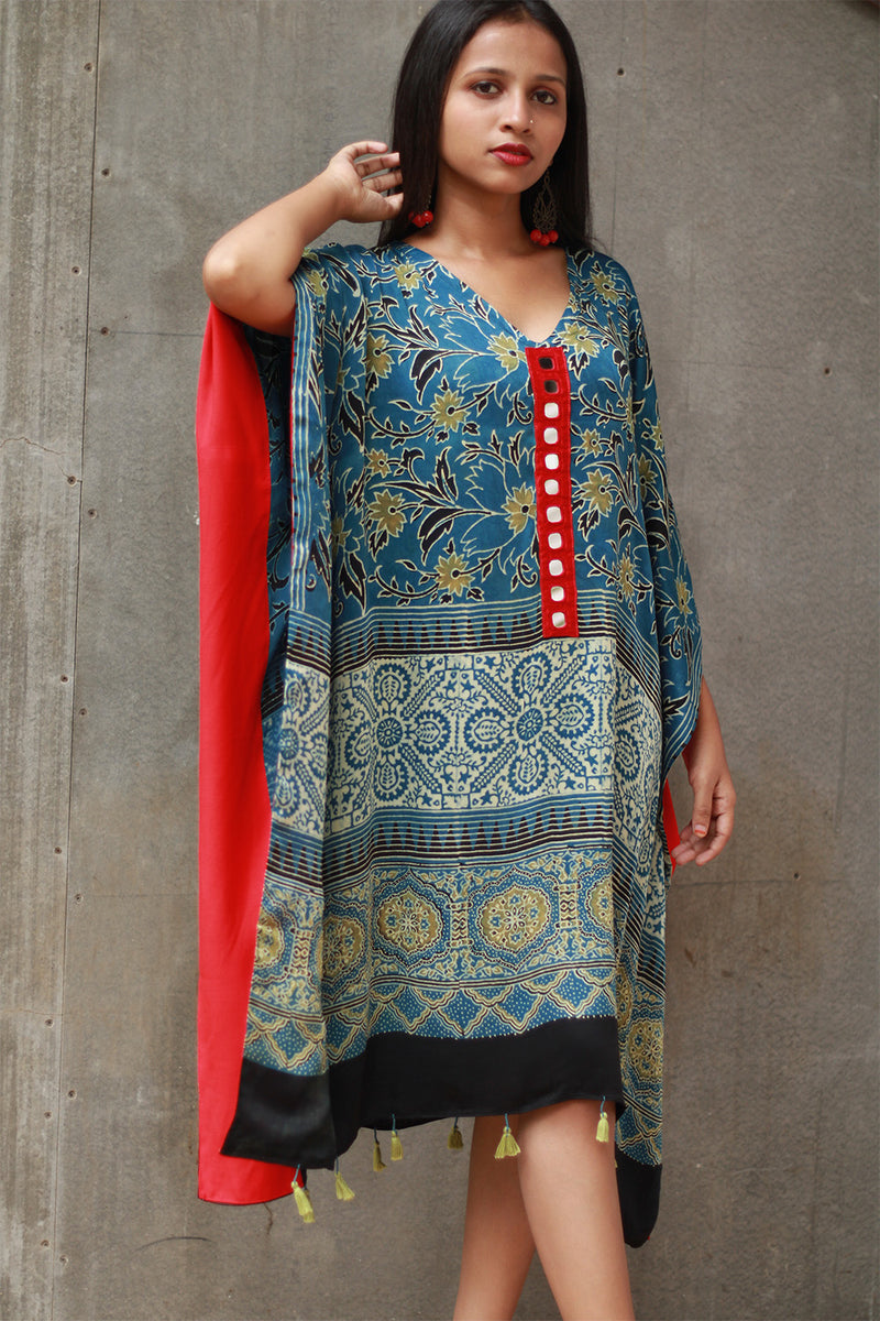 Banjara Sitaara | Modal Silk Kaftan | Sea Green Ajrakh