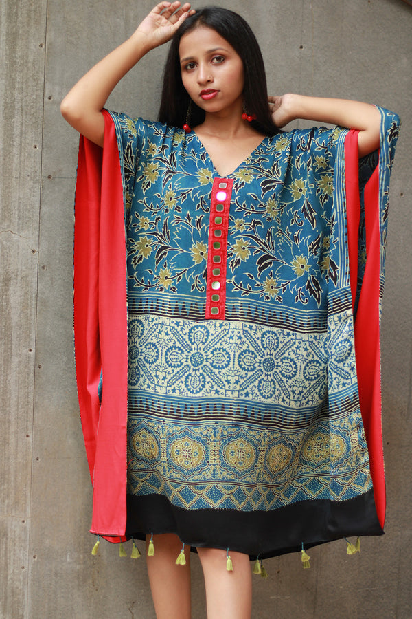 Banjara Sitaara | Modal Silk Kaftan | Sea Green Ajrakh