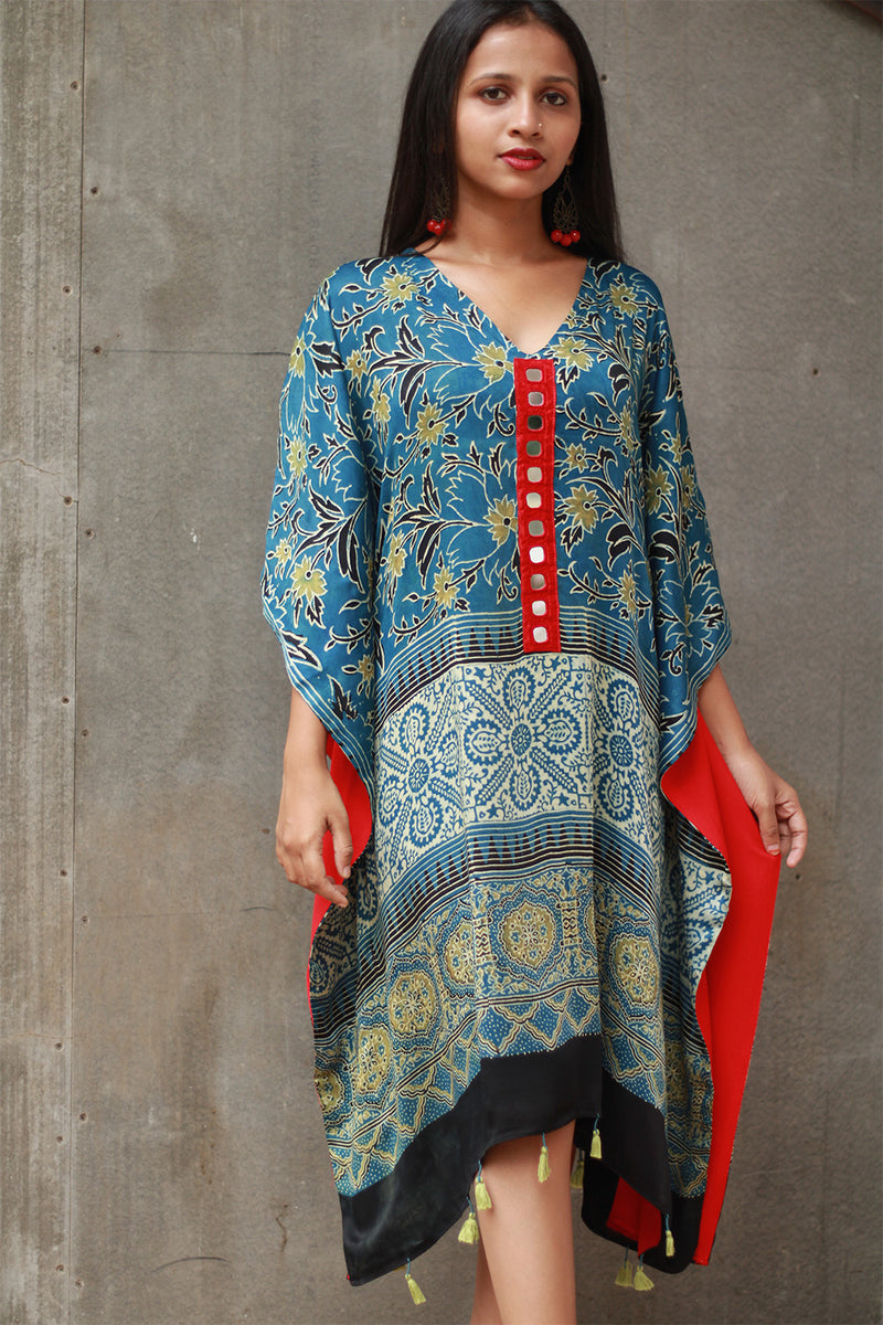 Banjara Sitaara | Modal Silk Kaftan | Sea Green Ajrakh