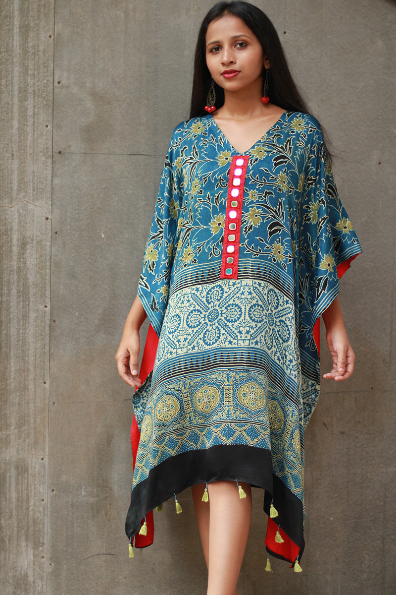 Banjara Sitaara | Modal Silk Kaftan | Sea Green Ajrakh