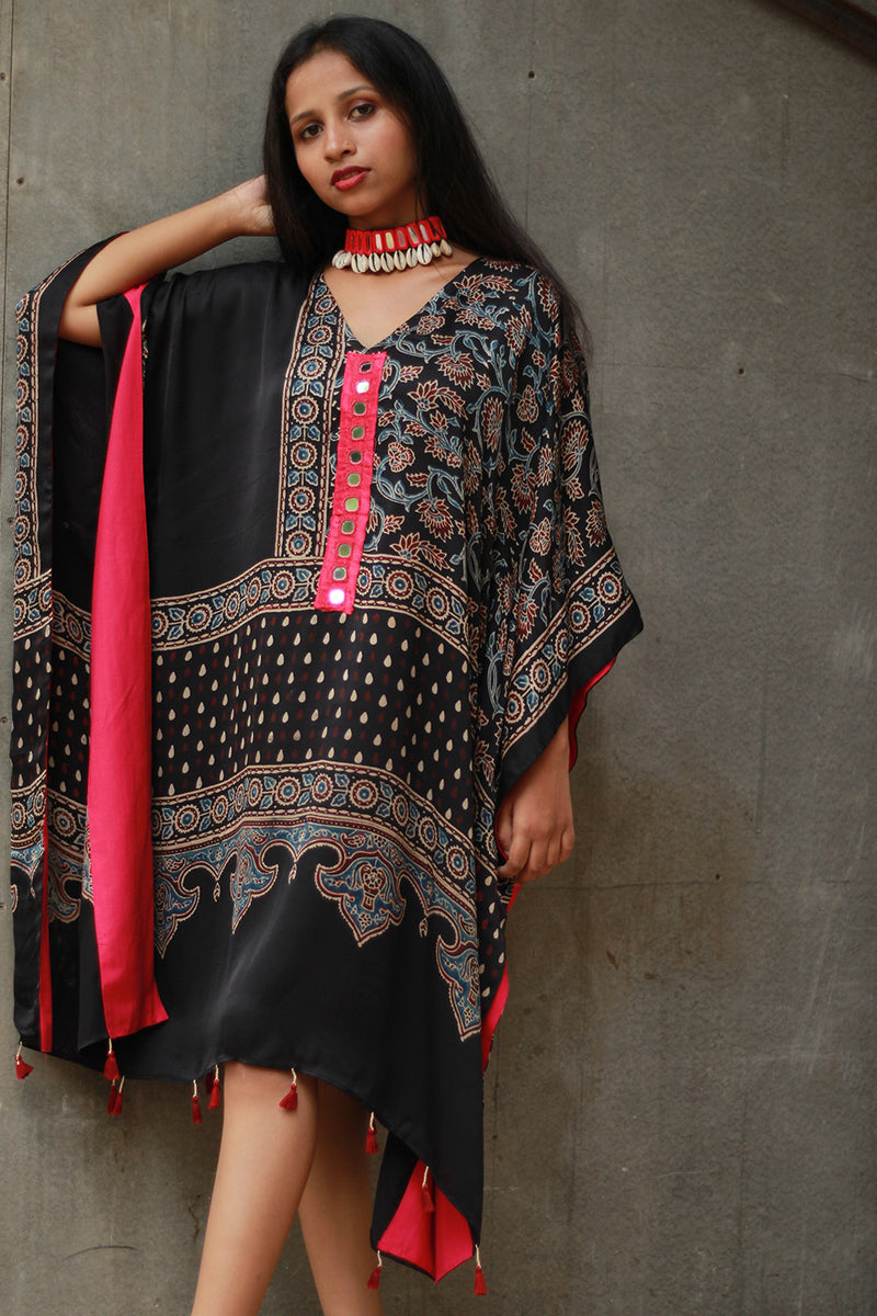 Banjara Sitaara | Modal Silk Kaftan | Noir Floral Ajrakh