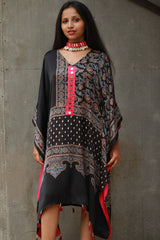 Banjara Sitaara | Modal Silk Kaftan | Noir Floral Ajrakh