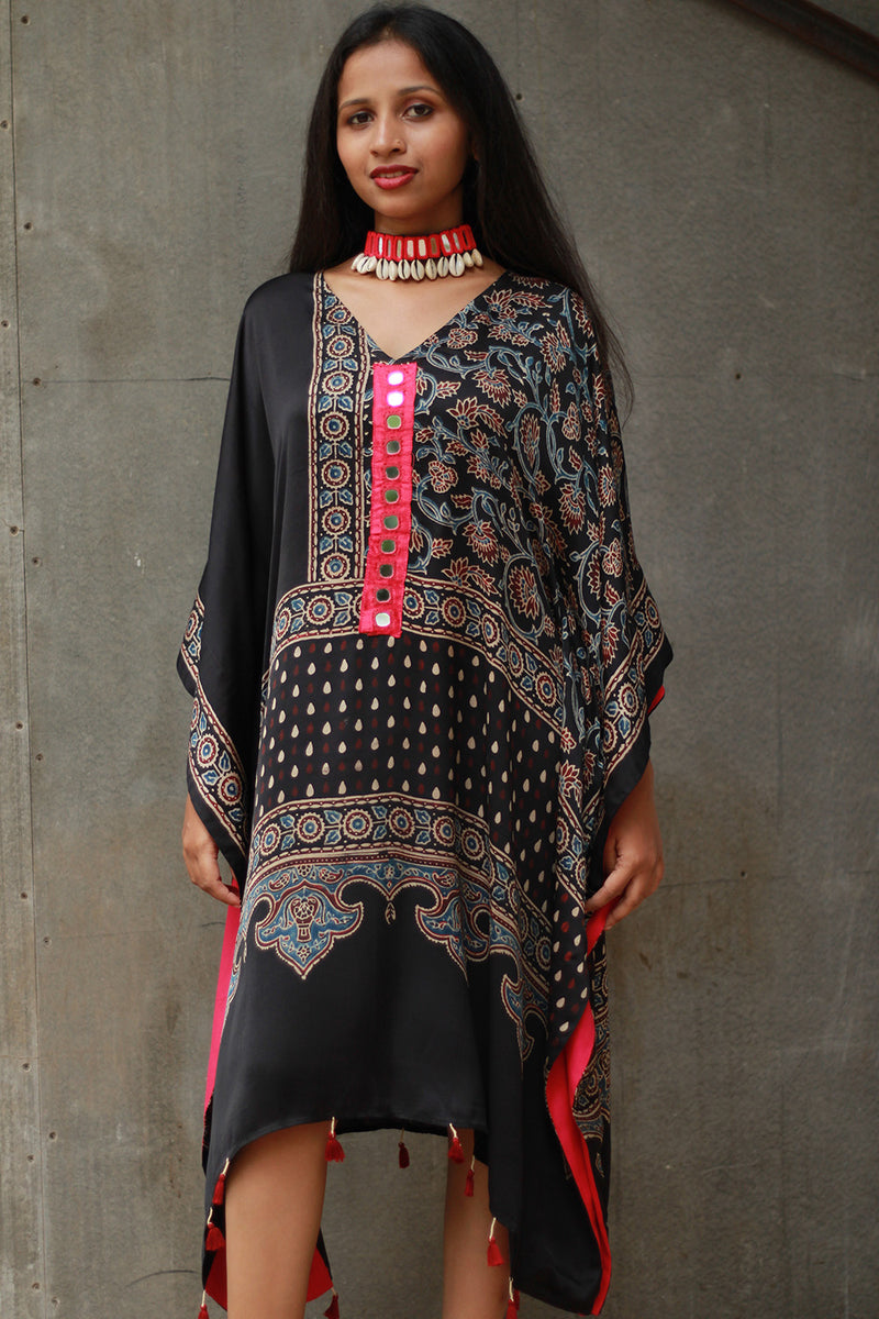 Banjara Sitaara | Modal Silk Kaftan | Noir Floral Ajrakh