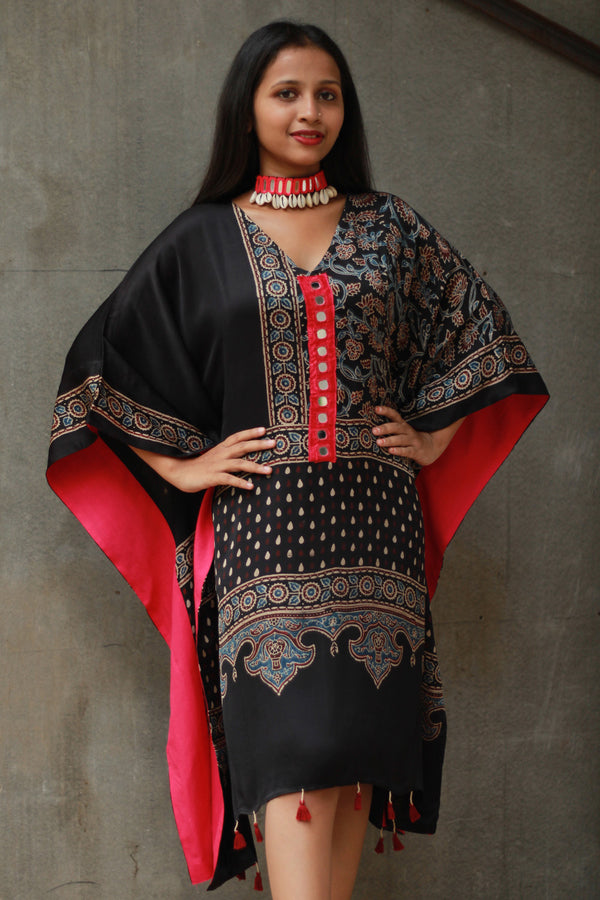 Banjara Sitaara | Modal Silk Kaftan | Noir Floral Ajrakh