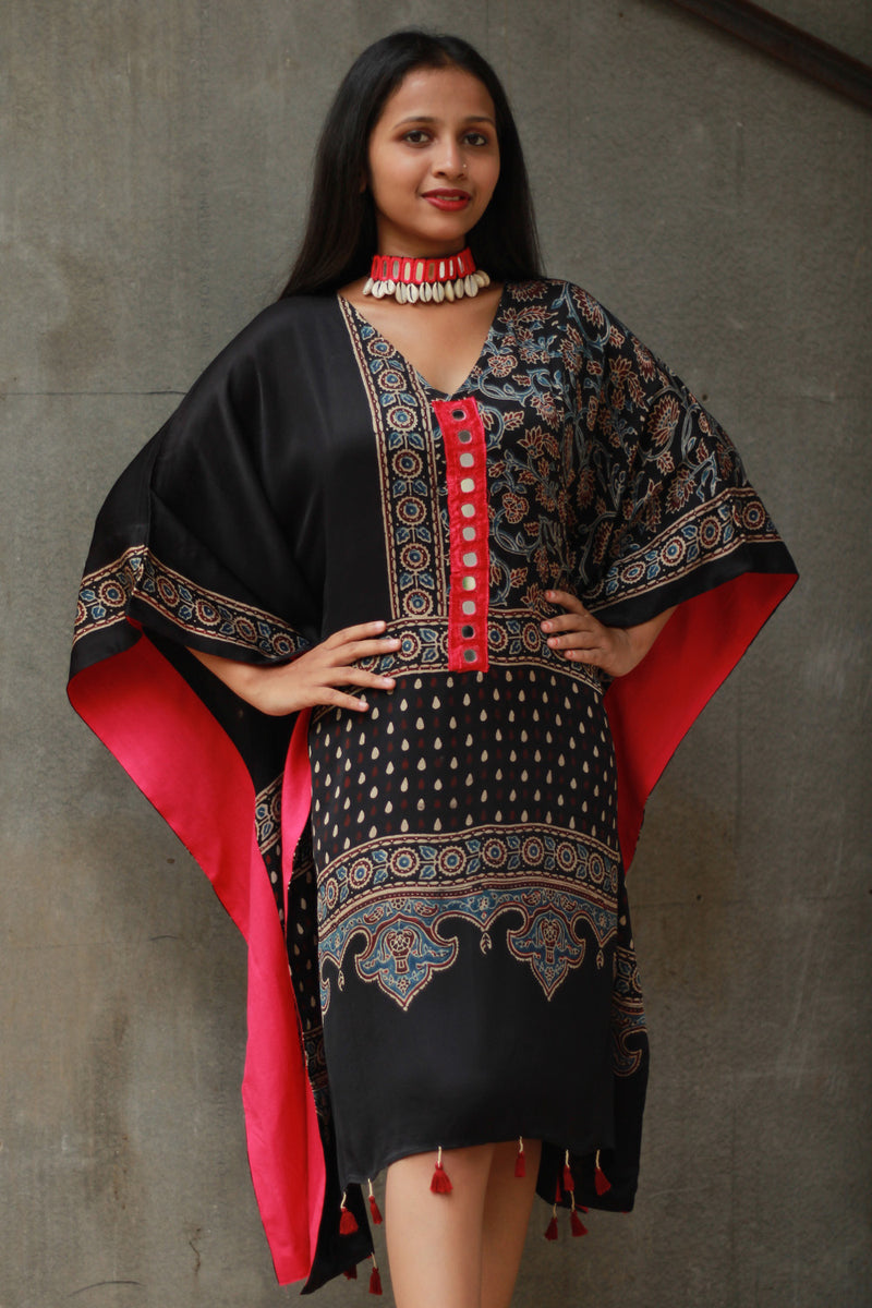 Banjara Sitaara | Modal Silk Kaftan | Noir Floral Ajrakh