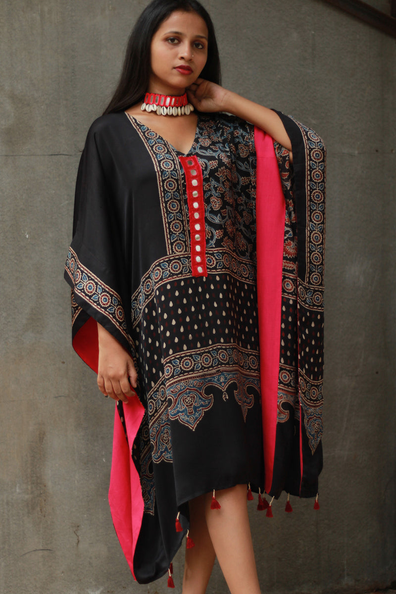 Banjara Sitaara | Modal Silk Kaftan | Noir Floral Ajrakh