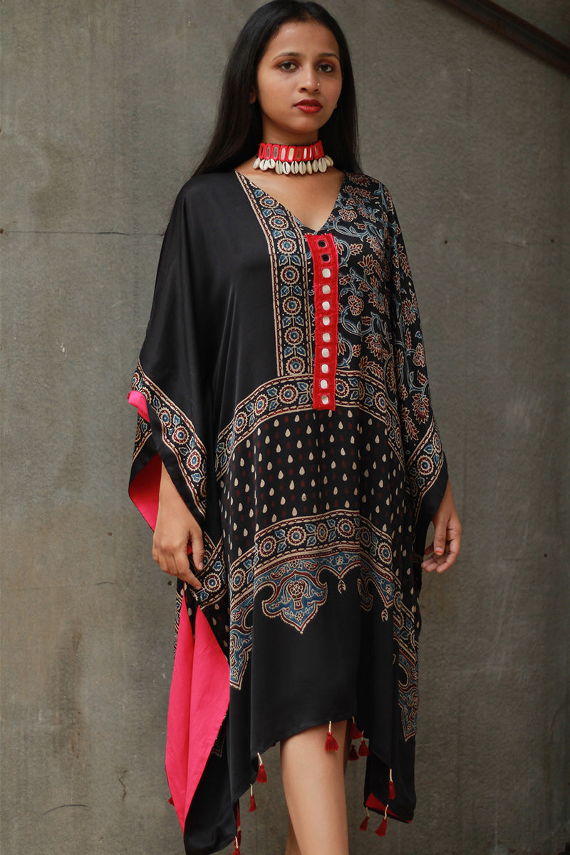 Banjara Sitaara | Modal Silk Kaftan | Noir Floral Ajrakh