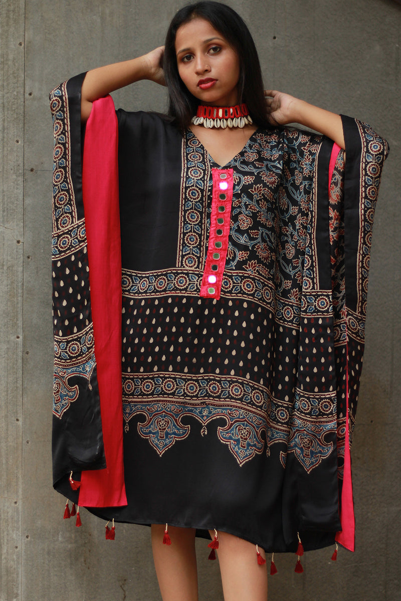 Banjara Sitaara | Modal Silk Kaftan | Noir Floral Ajrakh
